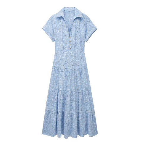 New Embroidery Blue Pleated Short Sleeve Shirt Long Midi Dress CODE: KAR2201