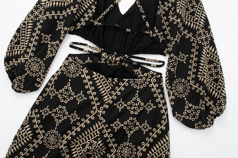 New Boho Backless Embroidery Cut Out Puff Sleeve Long Midi Dress CODE: KAR2202