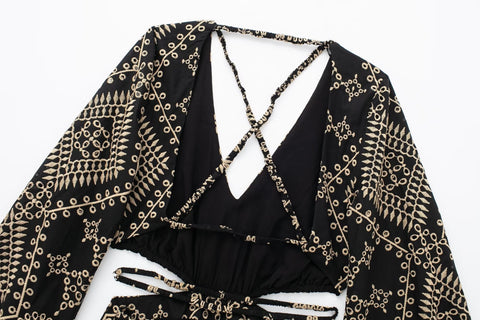 New Boho Backless Embroidery Cut Out Puff Sleeve Long Midi Dress CODE: KAR2202