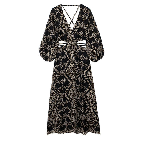 New Boho Backless Embroidery Cut Out Puff Sleeve Long Midi Dress CODE: KAR2202