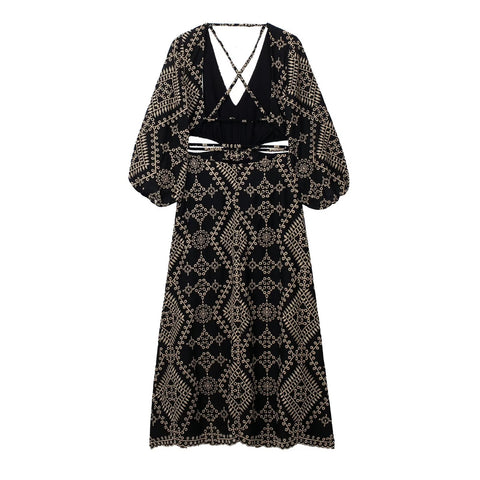 New Boho Backless Embroidery Cut Out Puff Sleeve Long Midi Dress CODE: KAR2202