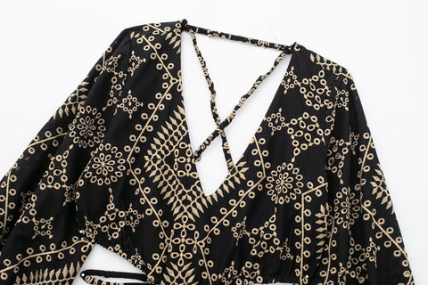 New Boho Backless Embroidery Cut Out Puff Sleeve Long Midi Dress CODE: KAR2202