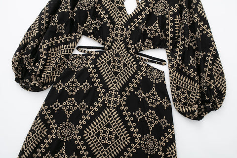 New Boho Backless Embroidery Cut Out Puff Sleeve Long Midi Dress CODE: KAR2202