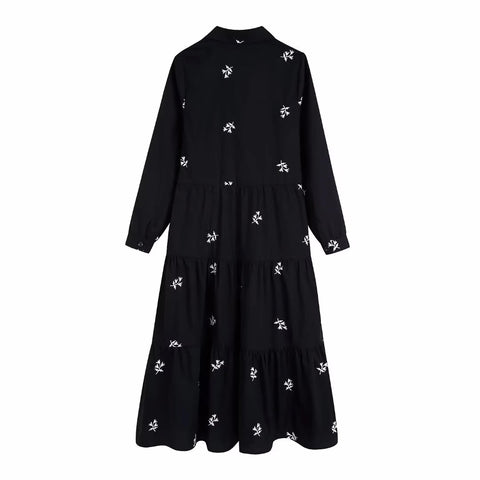 Summer Embroidery Long Sleeve Button Up Pleated Long Shirt Dress CODE: KAR2204