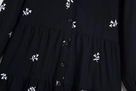 Summer Embroidery Long Sleeve Button Up Pleated Long Shirt Dress CODE: KAR2204