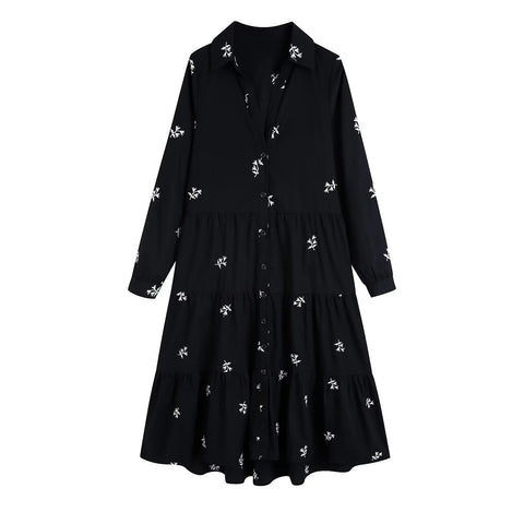 Summer Embroidery Long Sleeve Button Up Pleated Long Shirt Dress CODE: KAR2204
