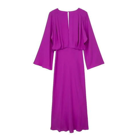Summer New Pleated Satin Long Sleeve Maxi Long Dress CODE: KAR2205
