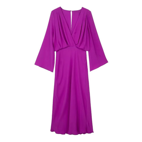 Summer New Pleated Satin Long Sleeve Maxi Long Dress CODE: KAR2205