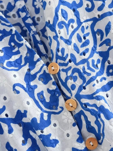 Summer Embroidery Ruffle Cutwork Short Sleeve Long Midi Dress CODE: KAR2206