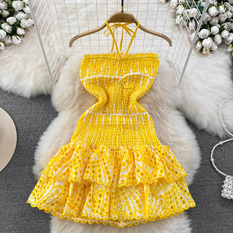 Sexy Halter Strapless Embroidered Hollow Out Off Shoulder Backless Ruffle Robe Mini Dress CODE: KAR2209