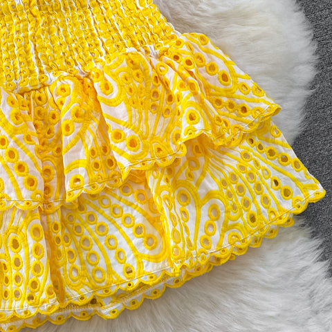 New Halter Strapless Embroidered Hollow Out Off Shoulder Backless Ruffle Robe Mini Dress CODE: READY1575