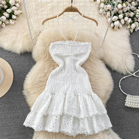 Sexy Halter Strapless Embroidered Hollow Out Off Shoulder Backless Ruffle Robe Mini Dress CODE: KAR2209