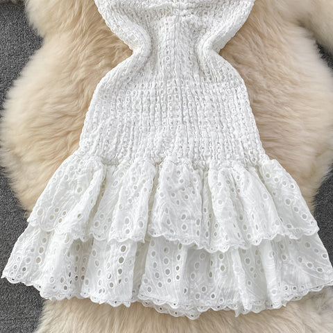 Sexy Halter Strapless Embroidered Hollow Out Off Shoulder Backless Ruffle Robe Mini Dress CODE: KAR2209