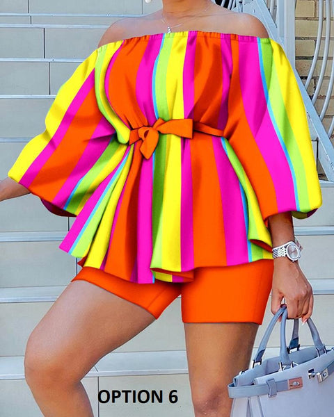 Summer Fashion Print Slash Neck Off Shoulder Ruffle Top Short Two Piece Set CODE: KAR2210