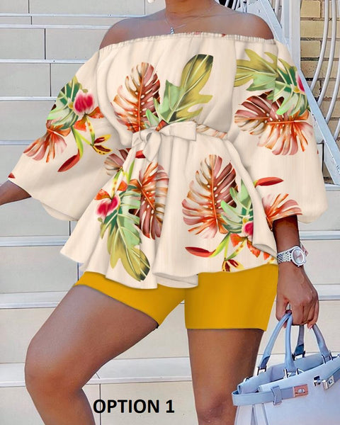 Summer Fashion Print Slash Neck Off Shoulder Ruffle Top Short Two Piece Set CODE: KAR2210