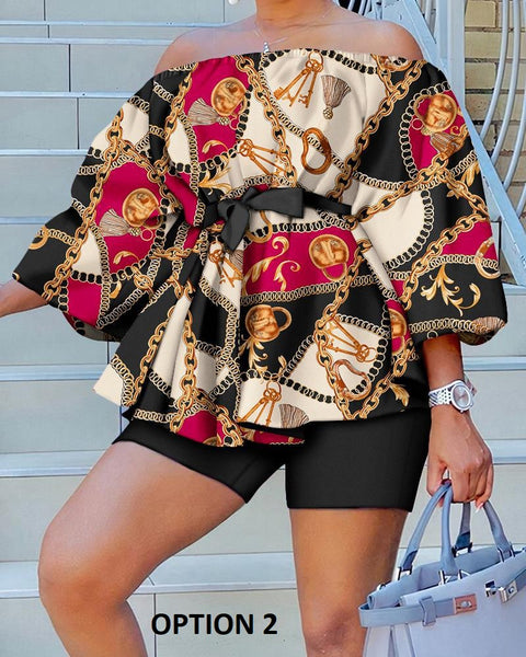 Summer Fashion Print Slash Neck Off Shoulder Ruffle Top Short Two Piece Set CODE: KAR2210