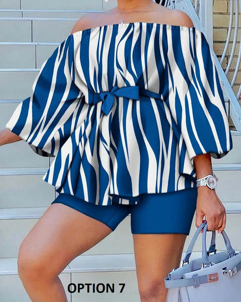 Summer Fashion Print Slash Neck Off Shoulder Ruffle Top Short Two Piece Set CODE: KAR2210