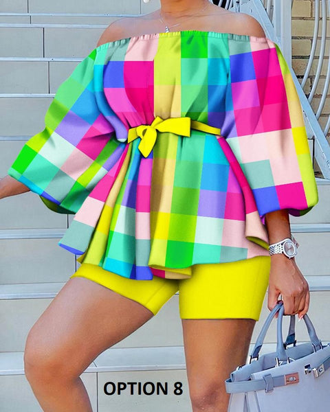 Summer Fashion Print Slash Neck Off Shoulder Ruffle Top Short Two Piece Set CODE: KAR2210
