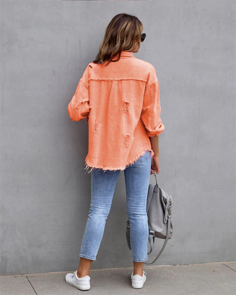 Autumn Holes Raw-edges Shirt Style Casual Coat CODE: KAR2216