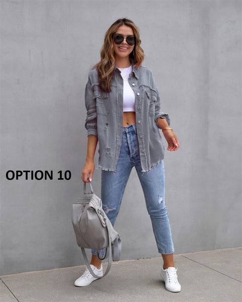 Autumn Holes Raw-edges Shirt Style Casual Coat CODE: KAR2216