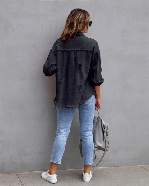 Autumn Holes Raw-edges Shirt Style Casual Coat CODE: KAR2216