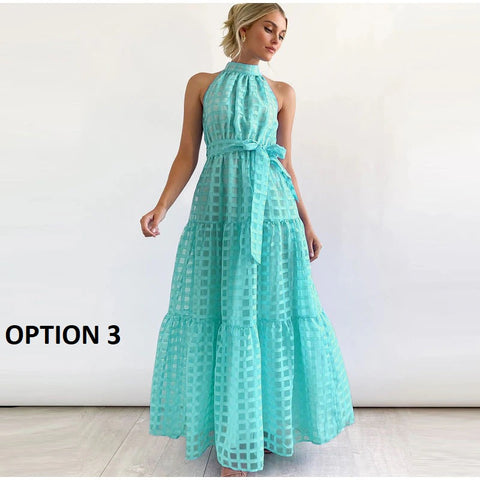 Summer Vintage Casual Grid Hollow Long Halter Sleeveless with Belt Elegant Dress CODE: KAR2218