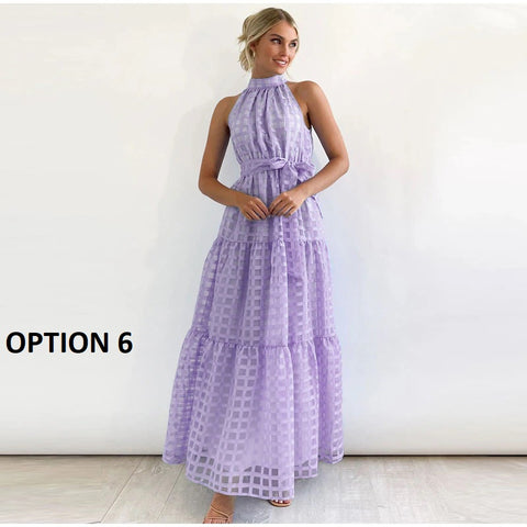 Summer Vintage Casual Grid Hollow Long Halter Sleeveless with Belt Elegant Dress CODE: KAR2218