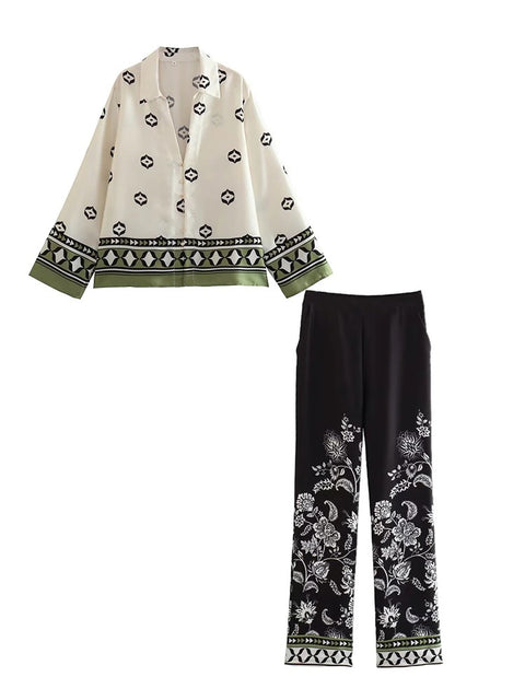 Summer Printed Patchwork Satin Casual Buttons Loose V Neck Wrist Sleeve Shirt & Pant 2 Piece Set CODE: KAR2221