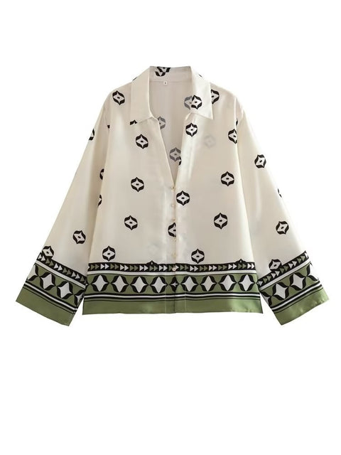 Summer Printed Patchwork Satin Casual Buttons Loose V Neck Wrist Sleeve Shirt & Pant 2 Piece Set CODE: KAR2221