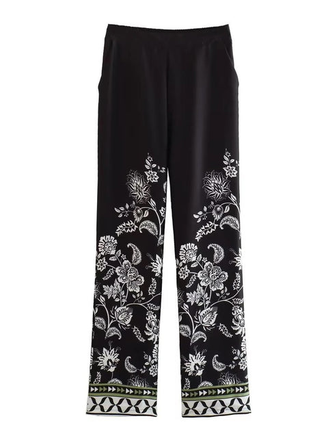 Summer Printed Patchwork Satin Casual Buttons Loose V Neck Wrist Sleeve Shirt & Pant 2 Piece Set CODE: KAR2221
