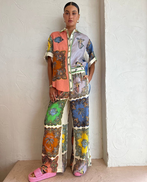 Summer Short Sleeve Single Breasted Top Wide Leg Print Pant Set CODE: KAR2226