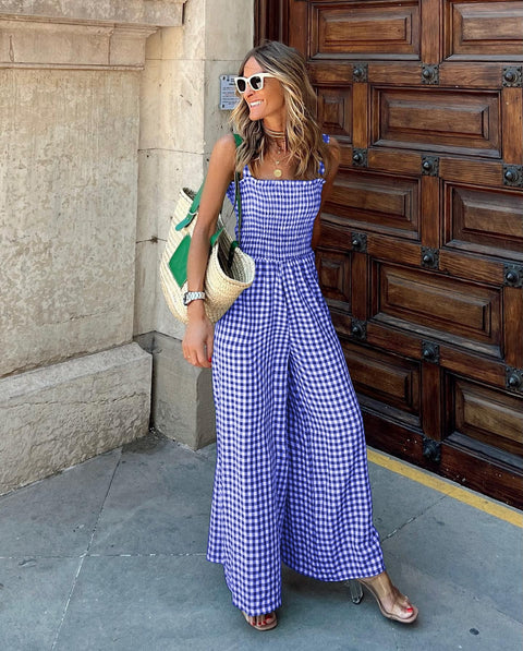 Summer New Plaid Print Boho Sexy Off Shoulder Backless Wide Leg Pant Jumpsuit CODE: KAR2227