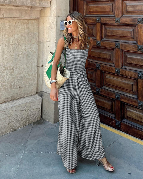 Summer New Plaid Print Boho Sexy Off Shoulder Backless Wide Leg Pant Jumpsuit CODE: KAR2227
