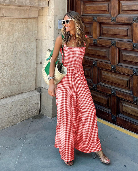 Summer New Plaid Print Boho Sexy Off Shoulder Backless Wide Leg Pant Jumpsuit CODE: KAR2227