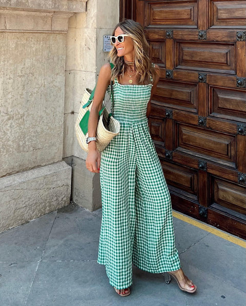 Summer New Plaid Print Boho Sexy Off Shoulder Backless Wide Leg Pant Jumpsuit CODE: KAR2227