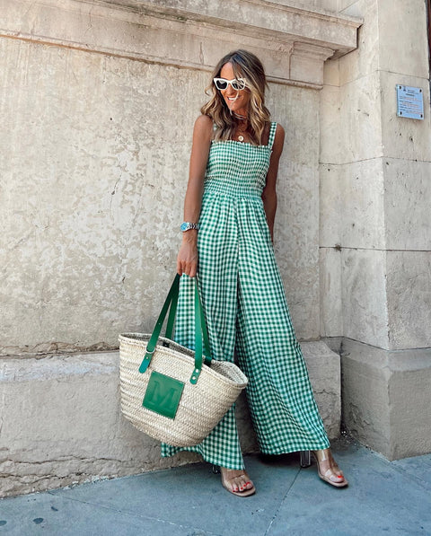 Summer New Plaid Print Boho Sexy Off Shoulder Backless Wide Leg Pant Jumpsuit CODE: KAR2227