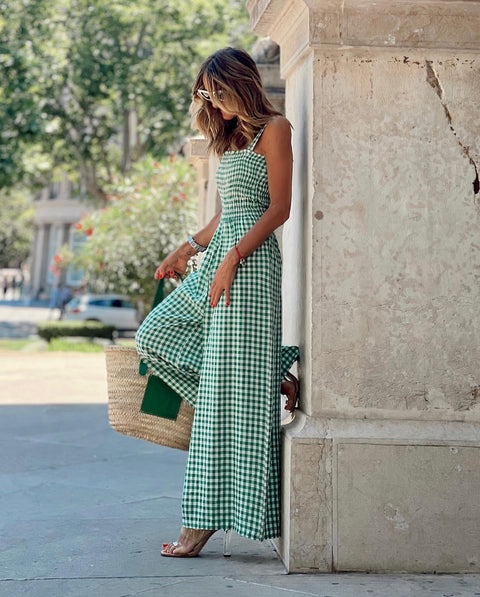 Summer New Plaid Print Boho Sexy Off Shoulder Backless Wide Leg Pant Jumpsuit CODE: KAR2227
