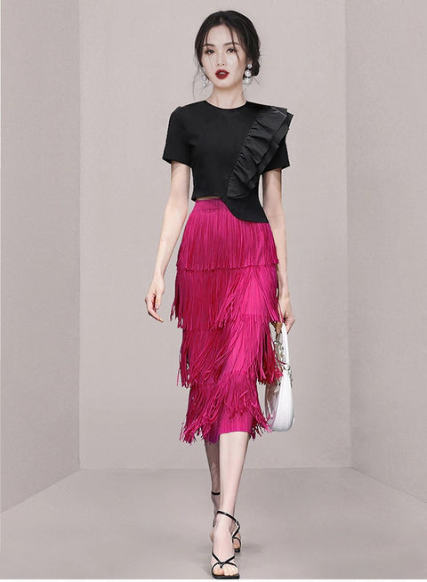 Summer Short Sleeve Black Ruffle T-Shirt &amp; Tassel Sheath Pencil Skirt Simple Casual Set CODE: KAR2231