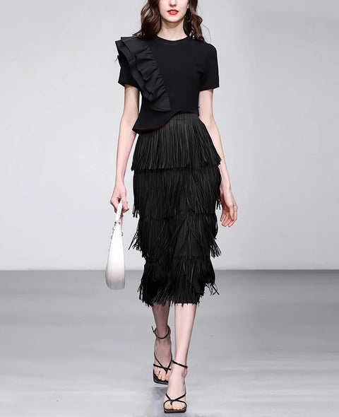 Summer Short Sleeve Black Ruffle T-Shirt &amp; Tassel Sheath Pencil Skirt Simple Casual Set CODE: KAR2231