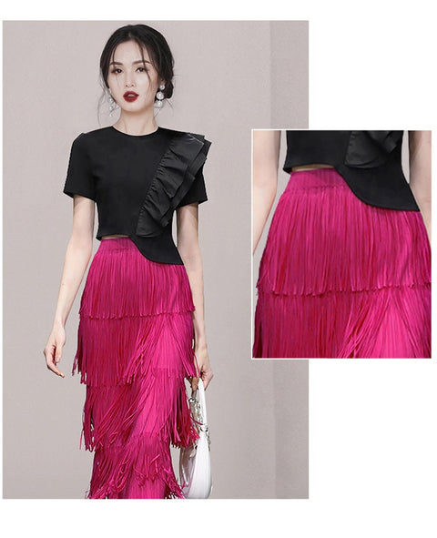 Summer Short Sleeve Black Ruffle T-Shirt &amp; Tassel Sheath Pencil Skirt Simple Casual Set CODE: KAR2231