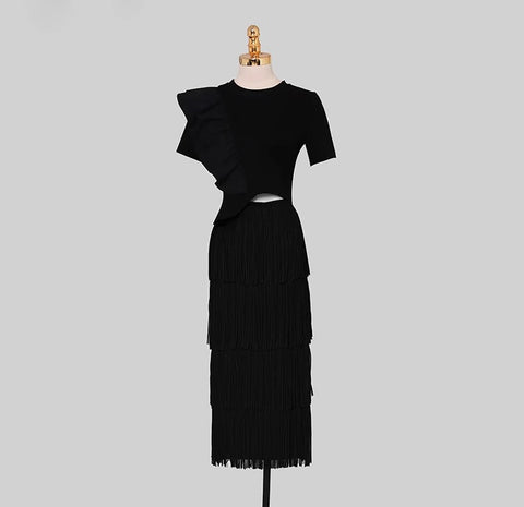 Summer Short Sleeve Black Ruffle T-Shirt &amp; Tassel Sheath Pencil Skirt Simple Casual Set CODE: KAR2231