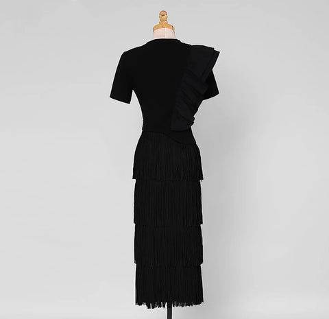 Summer Short Sleeve Black Ruffle T-Shirt &amp; Tassel Sheath Pencil Skirt Simple Casual Set CODE: KAR2231
