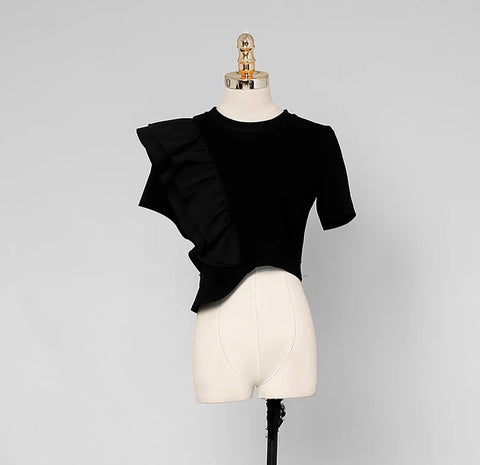 Summer Short Sleeve Black Ruffle T-Shirt &amp; Tassel Sheath Pencil Skirt Simple Casual Set CODE: KAR2231