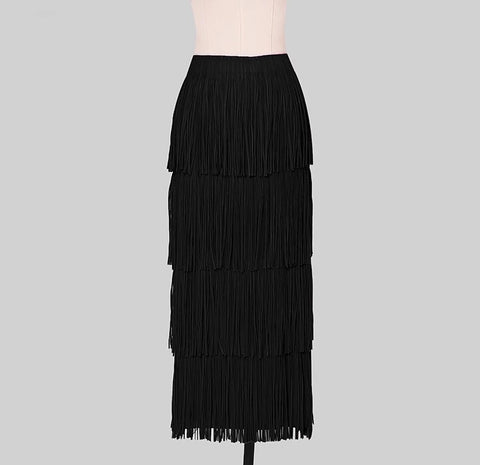 Summer Short Sleeve Black Ruffle T-Shirt &amp; Tassel Sheath Pencil Skirt Simple Casual Set CODE: KAR2231