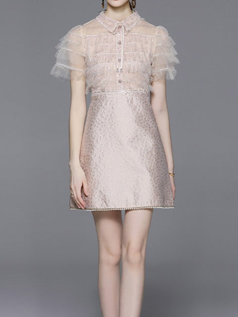 Lapel Short Sleeve Patchwork Gauze Stack Ruffle Dress CODE: READY1242