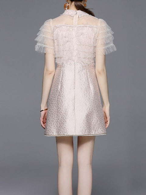 Lapel Short Sleeve Patchwork Gauze Stack Ruffle Dress CODE: READY1242