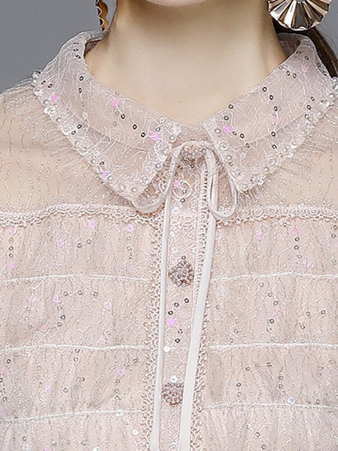 Lapel Short Sleeve Patchwork Gauze Stack Ruffle Dress CODE: READY1242