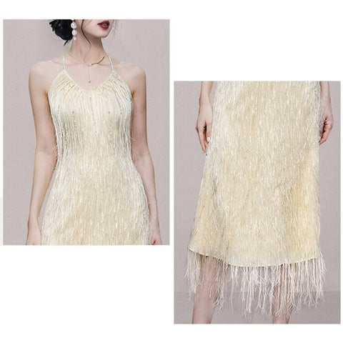 Summer Fashion Fringed Hanging Neck O Neck Elegant Sexy Sleeveless Off Shoulder Backless Dress CODE: KAR2236
