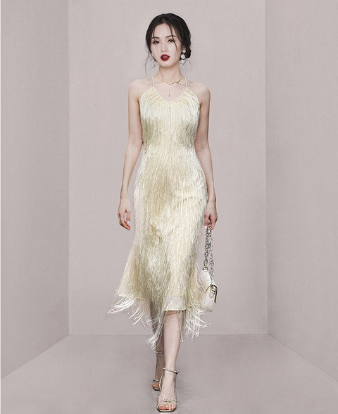 Summer Fashion Fringed Hanging Neck O Neck Elegant Sexy Sleeveless Off Shoulder Backless Dress CODE: KAR2236
