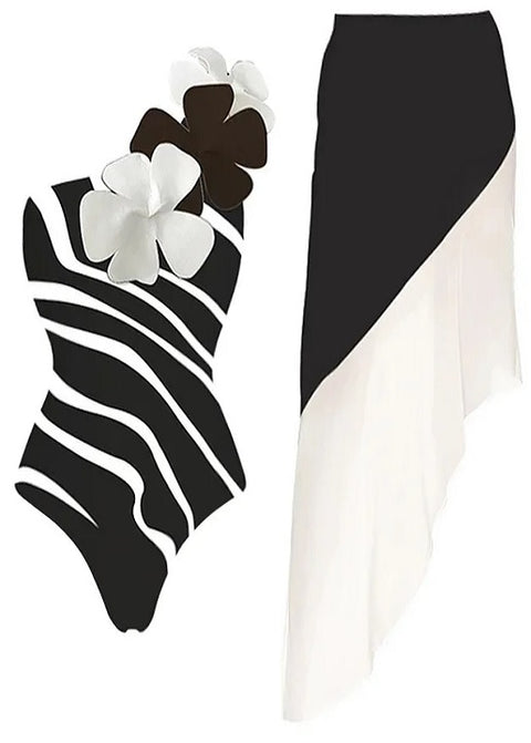 New Flower Decor One Shoulder One Piece Swimsuit and Skirt CODE: KAR2241